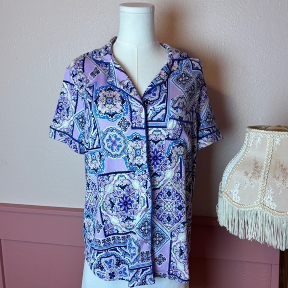 joyspun paisley lounge pajama button up top purple sz medium
